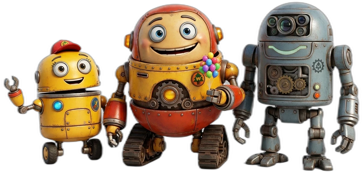 Three friendly droids standing together